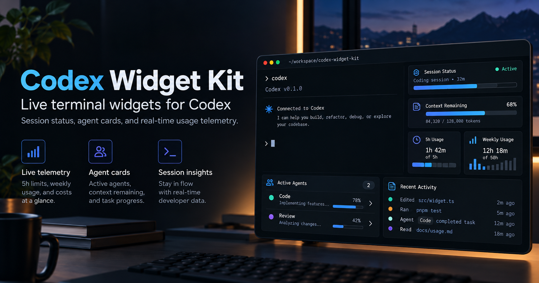 Codex Widget Kit concept illustration featuring a terminal session and telemetry cards
